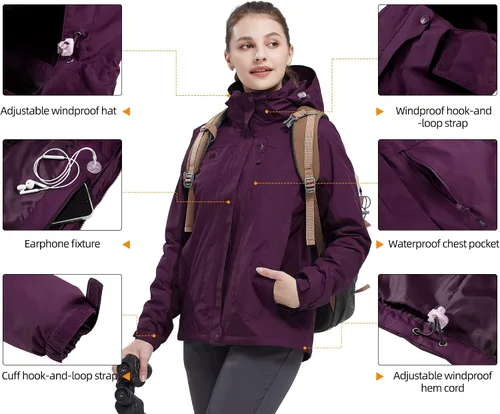 Vista 4 de GOLDEN CAMEL Chaqueta de esquí para mujer, 3 en 1, impermeable, resistente al viento, chaqueta de forro polar, chaqueta de snowboard y montaña