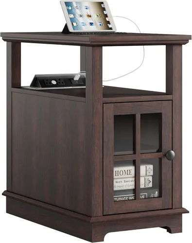 Vista 6 de HIFYOBRO Mesa auxiliar con estación de carga, juego de 2, puertos y tomas de corriente tipo C y USB, estante ajustable para almacenamiento en sala