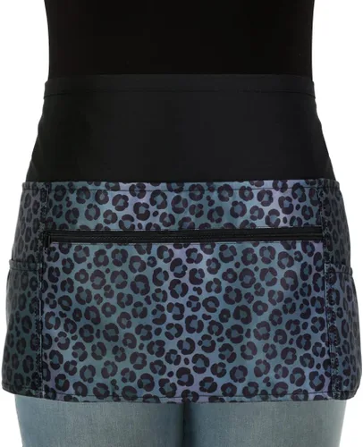 Vista 5 de Plum Hill Delantal de camarera de leopardo negro con bolsillos, delantal corto con cremallera, delantal para profesor, delantal de camarera lindo