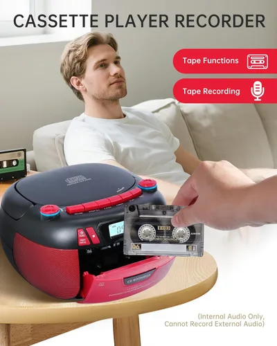 Vista 4 de Reproductor de CD Boombox con Bluetooth y reproductor de casete Radio AM/FM portátil, entrada MP3/USB/AUX, sistema de sonido estéreo