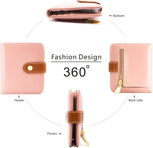 Vista 5 de Billeteras pequeñas para mujer, compactas y plegables, con bloqueo RFID, de piel auténtica, mini monedero con ventana de identificación y bolsillo