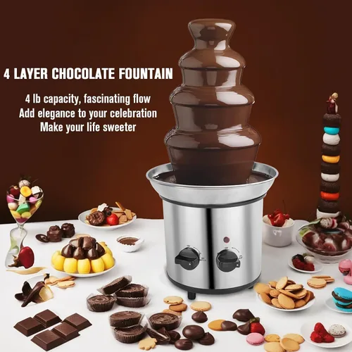 Vista 5 de Fuente de chocolate, fuente de fondue de chocolate de 4 niveles, máquina de fusión eléctrica para fiestas, queso nacho, rancho, salsa, boda, máquina