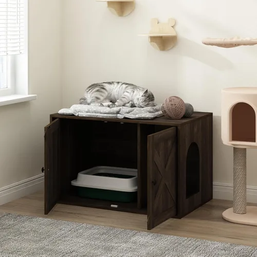 Vista 17 de Caja de arena Furinno Peli, Pequeña, Americano Entrada lateral, muebles ocultos, casa de madera para mascotas con puertas, fácil montaje