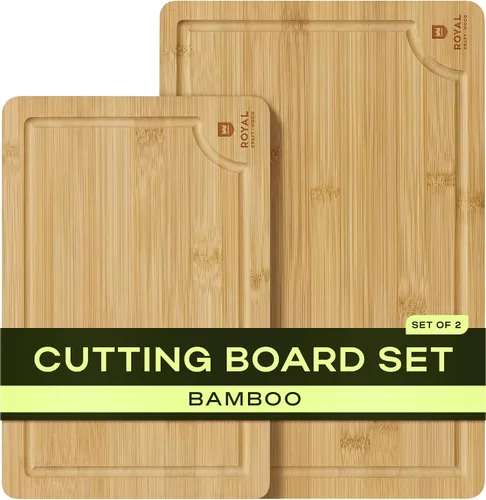 Vista 23 de ROYAL CRAFT WOOD Tablas de cortar de madera para preparar comidas de cocina y servir – Juego de tablas de cortar de bambú no tóxicas con asas Marrón