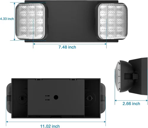 Vista 4 de Paquete de 1 letrero de salida LED negro con luces de emergencia y batería de respaldo, con cable ajustable, 2 cabezales LED, certificado UL