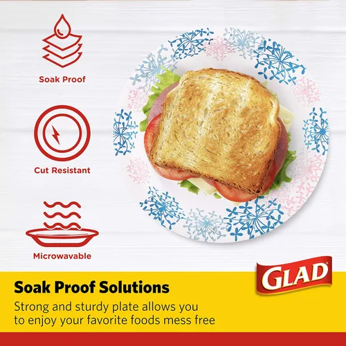 Vista 3 de Glad Platos desechables redondos de papel para todas las ocasiones, a prueba de remojo, a prueba de cortes, aptos para microondas, resistentes, 8.5