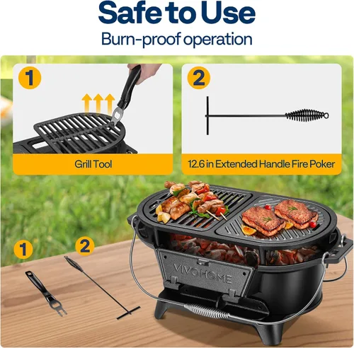Vista 6 de VIVOHOME Parrilla ovalada de hierro fundido con rejillas intercambiables y plancha, 2 puertas de horno para control de calor, incluye guantes, póker