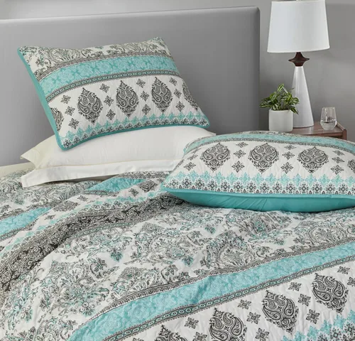 Vista 8 de Chezmoi Collection Herald - Juego de edredón estampado de 2 piezas, color azul aguamarina, negro, blanco, bohemio, damasco, colcha ligera