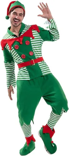 Vista 5 de EraSpooky Disfraz de elfo para hombre, disfraz de Papá Noel, color rojo y verde