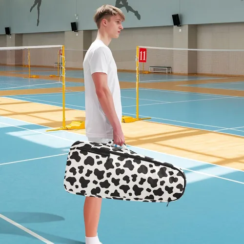 Vista 8 de Mochila de tenis para adultos, gran almacenamiento, estampado de vaca, bolsa de raqueta de tenis blanca y negra con capacidad para 2 raquetas
