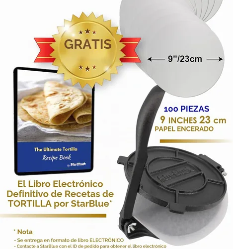Vista 5 de StarBlue - Prensa de tortilla de hierro fundido de 8 pulgadas con 100 piezas de papel de aceite GRATIS y libro electrónico de recetas - Herramienta
