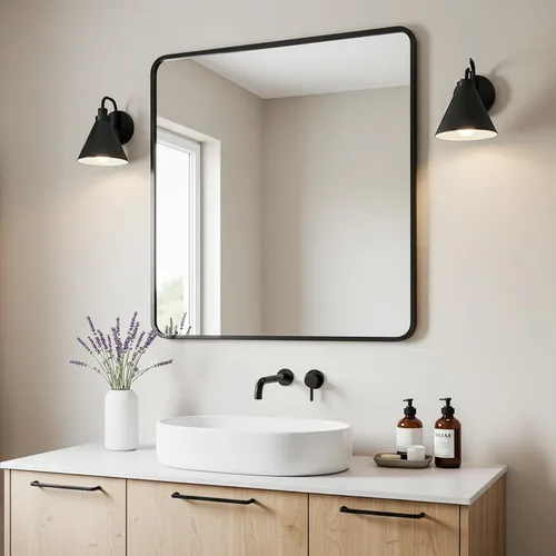 Vista 19 de LEDLUX Espejo de baño negro de 24 x 32 pulgadas, espejo sin cobre, marco de metal, espejo rectangular montado en la pared, espejo moderno