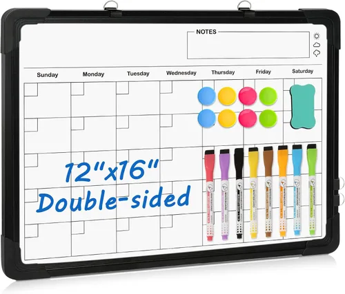 Vista 8 de Pizarra blanca magnética de doble cara, 16 x 12 pulgadas (negro) Dry Erase Board, Whiteboard for Wall Hanging Marker Board White Board Dry Erase