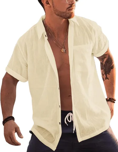 Vista 7 de Bbalizko - Camisas de manga corta para hombre con botones, de lino y algodón, para la playa, con cuello abierto, lisas, de verano, con bolsillo