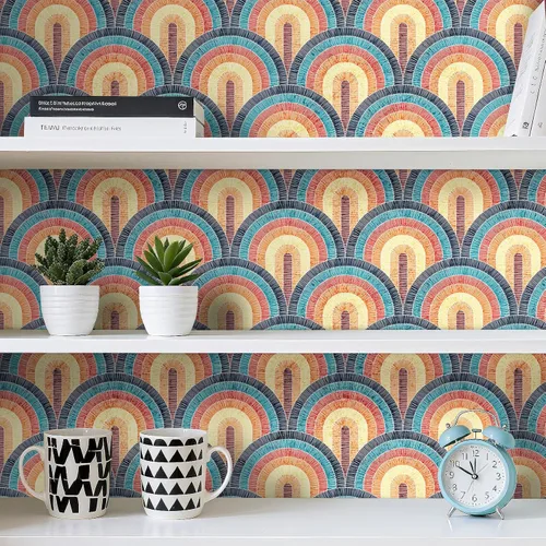 Vista 8 de Livelynine Papel tapiz moderno de mediados de siglo para despegar y pegar, estilo bohemio, retro, de los años 70, vinilo autoadhesivo extraíble
