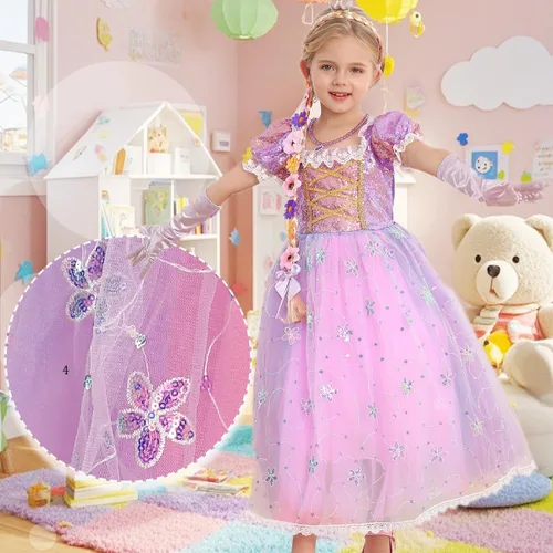 Vista 5 de Vestido de princesa morado para niñas pequeñas, disfraz para fiesta de cumpleaños, carnaval, Halloween