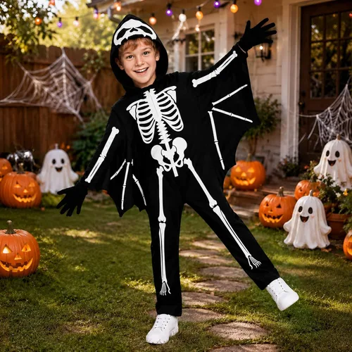 Vista 6 de Weixinbuy Disfraz de esqueleto de Halloween para niños que brillan en la Negro #2