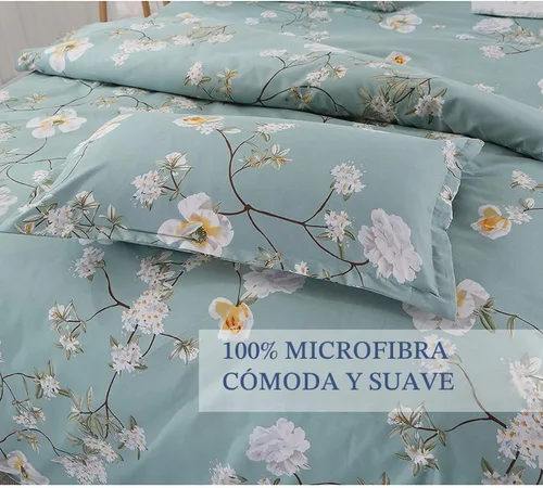 Vista 2 de Nanko Juego de funda de edredón de tamaño matrimonial, estampado de hojas florales verdes, funda de edredón de microfibra con lazos de cremallera