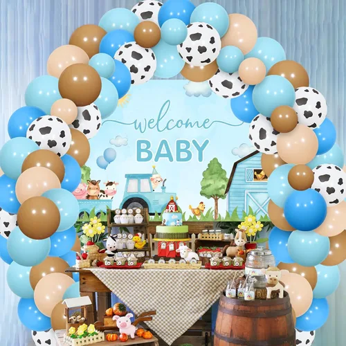 Vista 3 de Decoraciones de baby shower de animales de granja azules – Kit de arco de guirnalda de globos de animales de granja con fondo de bienvenida