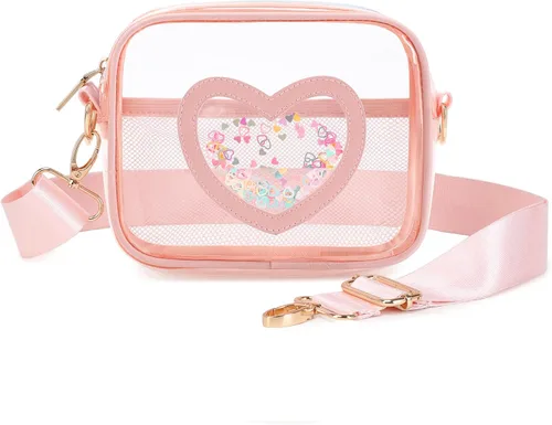 Vista 8 de Bolso cruzado transparente para mujeres y niñas, aprobado por el estadio, para niños, bolso en forma de corazón, cartera pequeña, bolsa para monedas