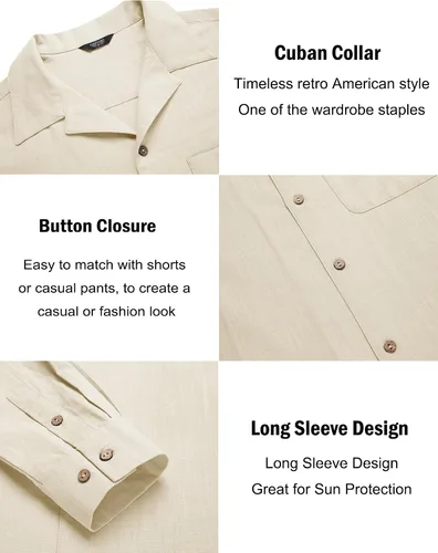 Vista 5 de COOFANDY Camisas de algodón y lino para hombre, de manga larga, casuales, con botones, para la playa