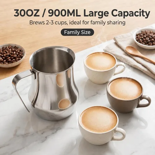 Vista 8 de IMEEA Jarra de espuma de leche de 30 oz/30.4 fl oz, acero inoxidable 18/10, jarra de vapor de leche con boquilla ancha para expreso, café, café