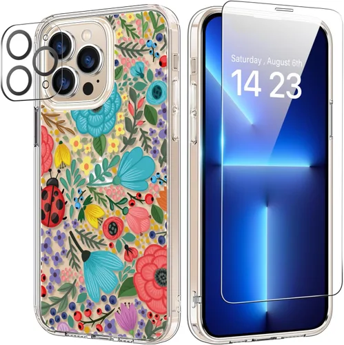 Vista 15 de bicol Funda para iPhone 14 Plus con Protector de Pantalla y Lente de Cámara - Diseños Florales de Moda para Mujeres y Niñas - Funda Transparente