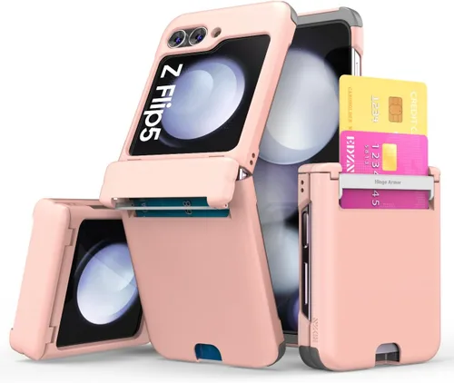 Vista 54 de para Galaxy Z Flip 5 Funda con 2 ranuras para tarjetas, funda rígida delgada y resistente con protección de bisagra, funda completa con protección