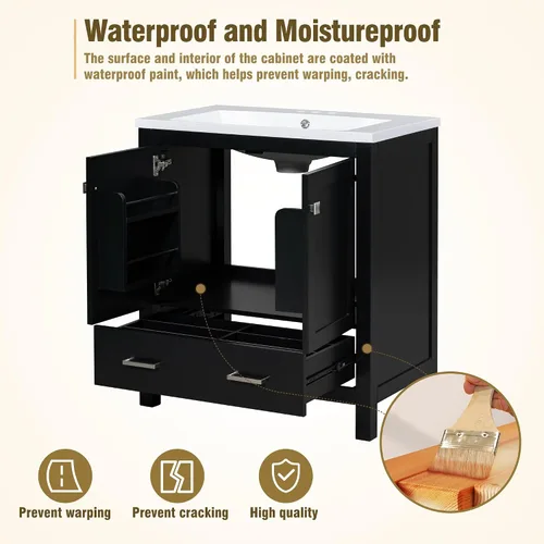 Vista 5 de Tocador de baño multifuncional de 30 pulgadas con lavabo individual, armario combinado de montaje inferior, marco de gabinete de baño de madera