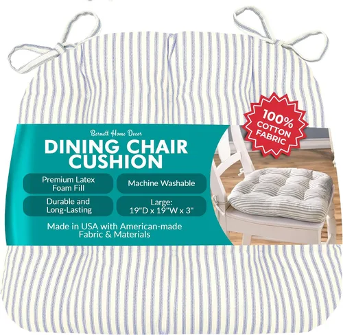 Vista 89 de Barnett Home Decor Ticking Stripe Berlin Blue - Almohadilla para silla de comedor con lazos, tamaño mediano 18, relleno de espuma de látex, lavable