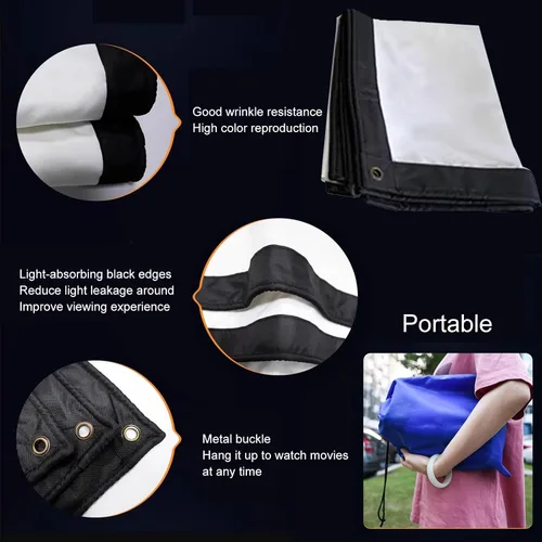 Vista 6 de Pantalla de proyección de 60 a 300 pulgadas, pantalla de cine lavable de 2 caras para exteriores, pantalla de cine 4:3 HD 4K plegable, sin arrugas