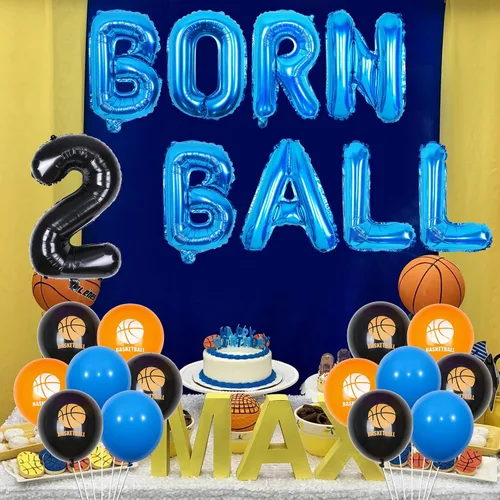 Vista 3 de Decoraciones de fiesta de baloncesto de 2º cumpleaños para niños, decoración de cumpleaños de 2 bolas, pancarta de 2 bolas, globo de baloncesto