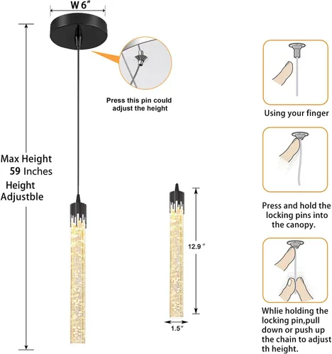 Vista 6 de ykolupty Luces colgantes modernas para isla de cocina, mini lámpara colgante de cristal negro con LED regulable de 2700 K-6000 K, lámpara de araña