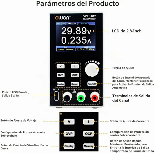 Vista 2 de OWON Fuente de alimentación de laboratorio (0-30V 0-10 A), fuente de alimentación CC de banco programable de 200 W con pantalla LCD de 2.8 pulgadas