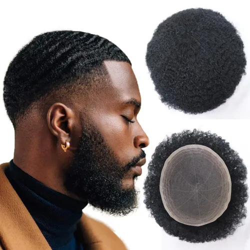 Vista 15 de HAPPY&CC Manejar cabello afro unidad negro hombres cabello humano toupee peluca francesa encaje pieza de pelo sistema de reemplazo para hombres #1