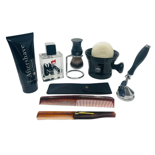 Vista 6 de G.B.S Kit de afeitado para hombre, maquinilla de afeitar de 5 cuchillas con soporte, colonia, mango de perilla de taza de afeitar, cepillo de tejón