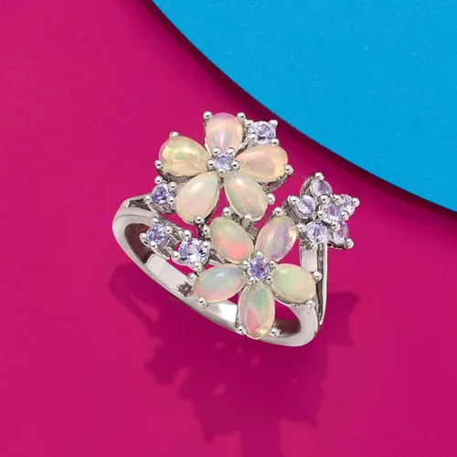 Vista 5 de Ross-Simons Opal and .36 ct. t.w. Tanzanite Flower Ring in Sterling Silver