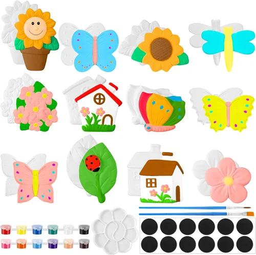 Vista 14 de Sinmoe 12 juegos de kit de arte y manualidades, kit de pintura de cerámica sin pintar DIY, pinta tus propias figuras con 12 imanes, 2 pinceles y 1