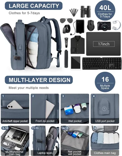 Vista 8 de Mochila de viaje grande para mujer, mochila de transporte, mochila de senderismo, mochila impermeable para deportes, escuela, portátil, mochila