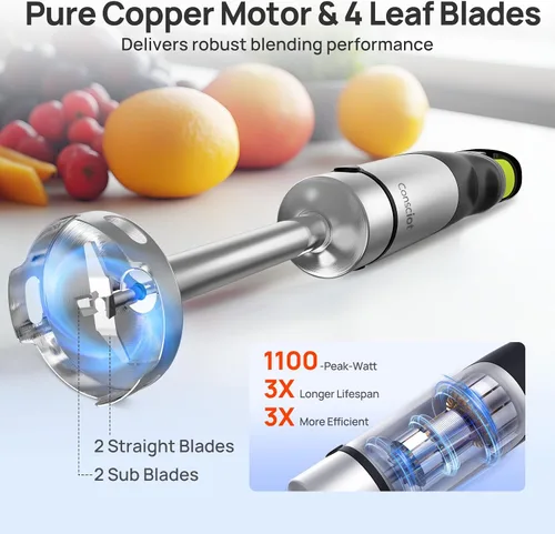Vista 2 de Consciot 4 en 1 licuadora de inmersión de mano Max 1100W, varilla con cable emulsificadora con eje de licuadora entero de acero inoxidable, control