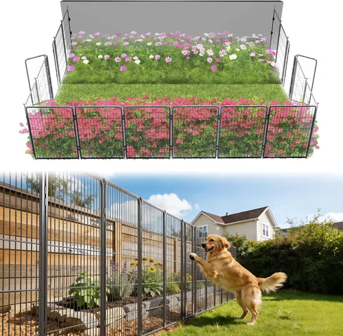Vista 53 de FXW Valla de jardín al aire libre para el patio, 17 pulgadas de alto x 29.3 pies de largo, barrera de metal resistente para animales, para perros