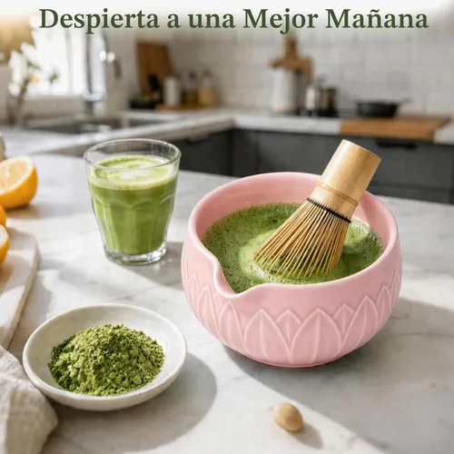Vista 7 de Juego de batidor Matcha con cuenco de cerámica y cazador de bambú hoja rosado