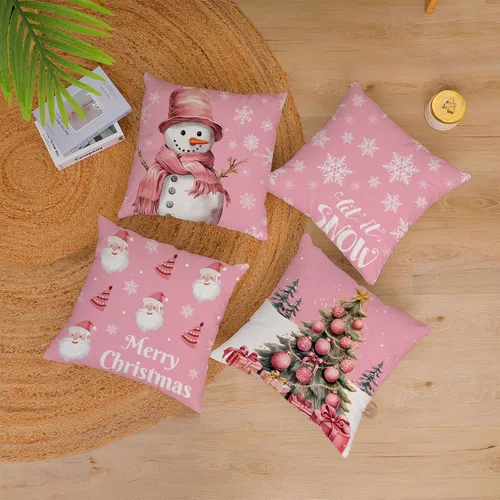Vista 3 de Fundas de Almohada Feliz Navidad 12x12 Juego de 4 Fundas de Almohada de Terciopelo de Navidad Rosa Navidad Invierno Vacaciones Fundas de Almohada