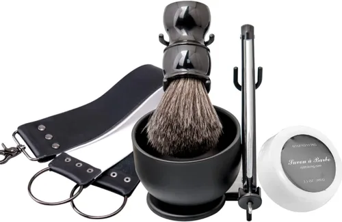Vista 2 de Kit de afeitado con navaja recta Grandslam, navaja recta de acero con afilador de cuero, cepillo de afeitar, cuenco y soporte de afeitar de acero