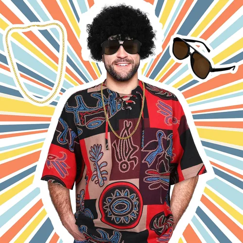 Vista 4 de Conjunto de 4 piezas de disfraz hippie para hombre, camisa étnica, peluca afro funk, collar dorado para hombre, lentes de sol para fiesta de cosplay