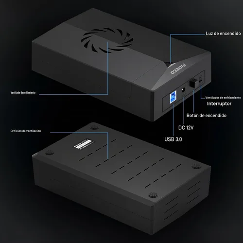 Vista 9 de FIDECO Caja de disco duro para disco duro SATA HDD SSD de 3,5 o 2,5 pulgadas, adaptador SATA a USB con ventilador de refrigeración, carcasa externa