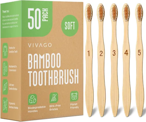 Vista 8 de VIVAGO Paquete de 10 cepillos de dientes de bambú, sin BPA, cerdas suaves, ecológicos, cepillo de dientes de madera natural Cepillo de dientes