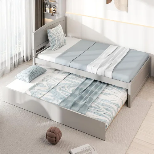 Vista 8 de Cama nido individual, marco de cama extraíble de madera maciza, cama de día extensible con cabecera y soporte de listones de madera sólida Gris