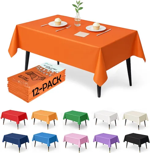 Vista 21 de Paquete de 12 manteles de plástico negro – Cubiertas de mesa desechables de 54 x 108 pulgadas para mesas rectangulares, resistentes y resistentes al