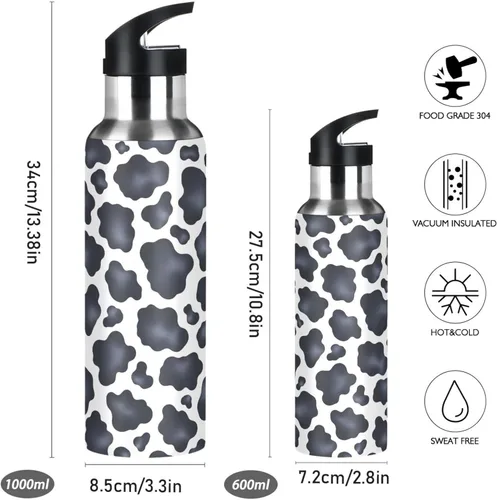 Vista 2 de Black White Cow Spots Insulated Stainless Steel Water Bottle with Straw 20 Oz Leakproof Water Bottles, BPA-Free Sports Water Bottle with Straw